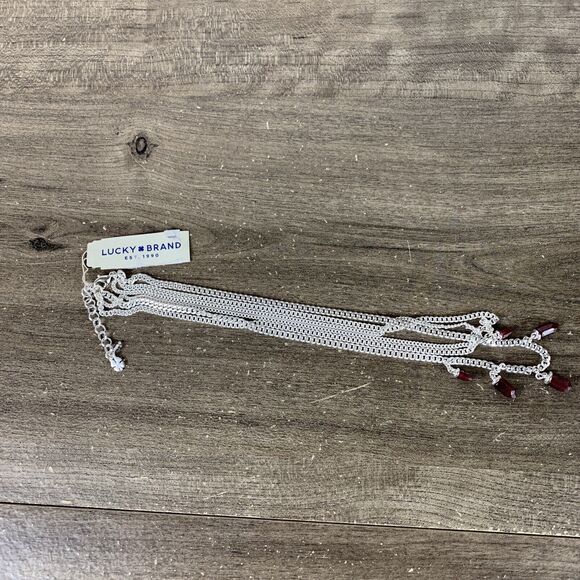 Lucky Brand Silver Tone Multi Layered Chain Necklace Drop Red Gem Pendant Chain - Picture 5 of 8